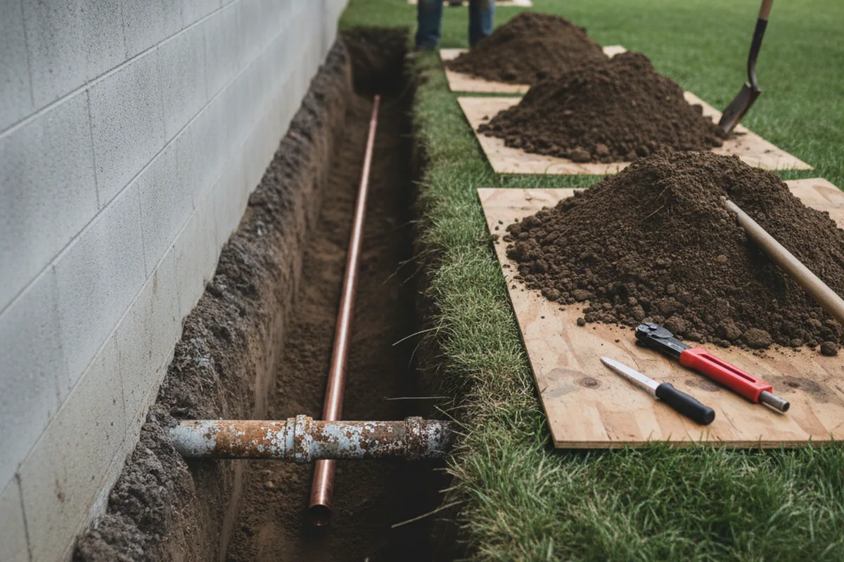Excavated water line trench during Water Softener Installation in Ava
